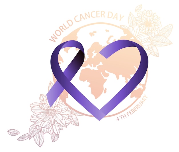 Vector world cancer day purple ribbon design holding hands drawing