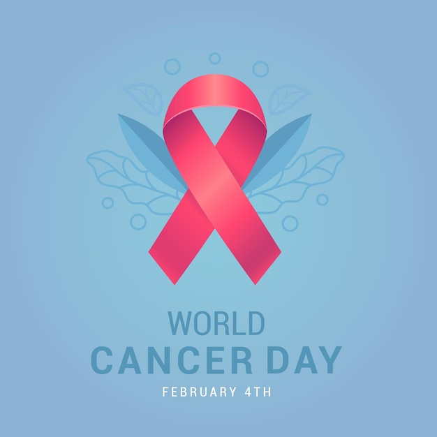 World cancer day. Red ribbon. Blue background