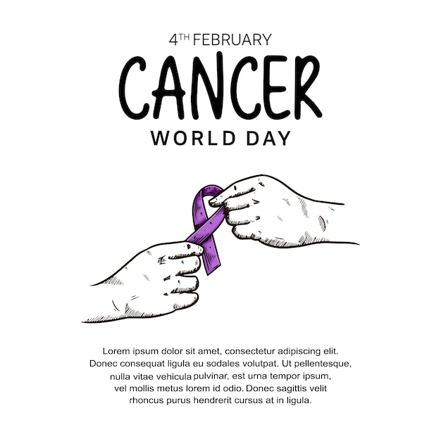 World Cancer Day Vector Design with hand giving ribbon illustration for campaign and poster