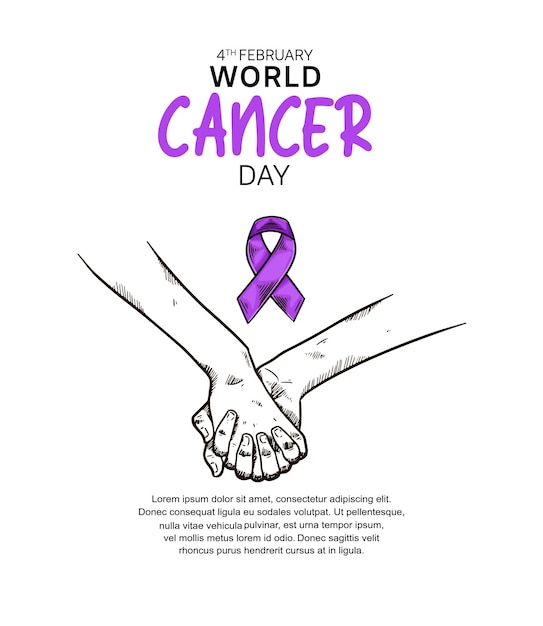 캠페인 및 포스터를 위한 손을 잡고 리본 삽화가 있는 세계 암의 날 벡터 디자인