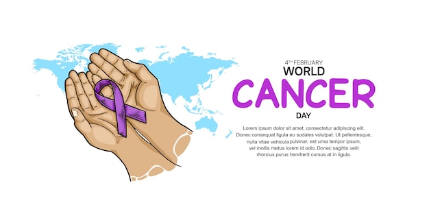 World Cancer Day Vector Design with hand holding ribbon illustration for campaign and poster