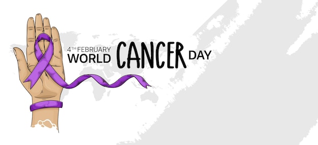 Векторный дизайн всемирного дня борьбы против рака с ручным держанием и иллюстрацией ленты для кампании и плаката