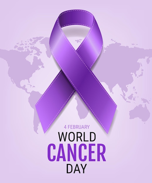 Vector world cancer day with realistic violet ribbon