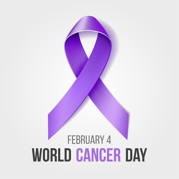 Vector world cancer day with ribbon, february awareness month campaign background with purple ribbon symbol