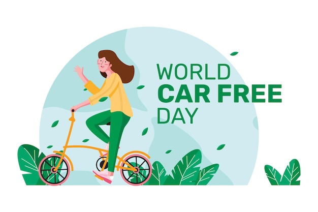 Vector world car free day card with woman riding a bike