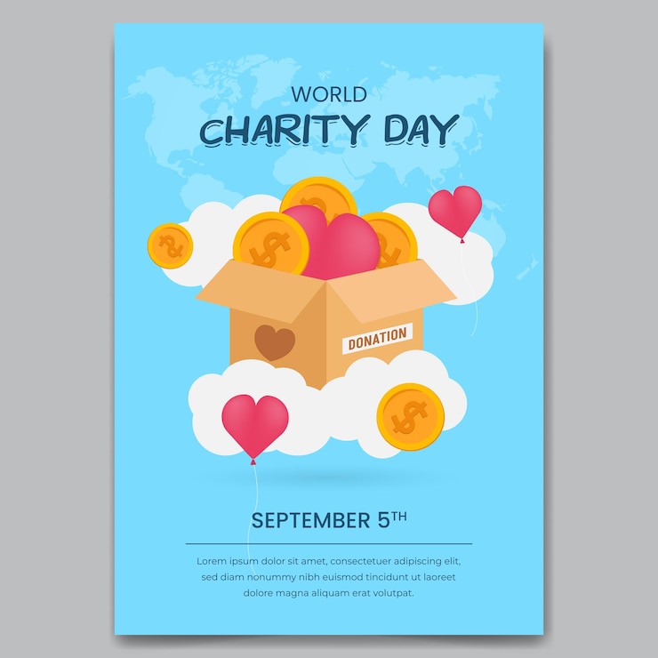 Vector world charity day september 5th poster design with box coins and hearth shape balloons illustration