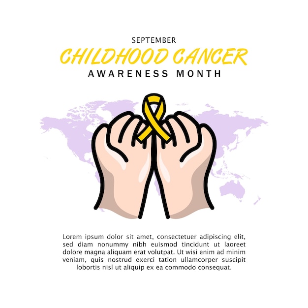 黄色いリボンのイラストを両手で世界小児がん月間意識ベクターデザイン