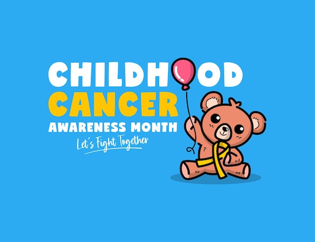 World childhood cancer poster design with teddy bear is holding yellow ribbon illustration