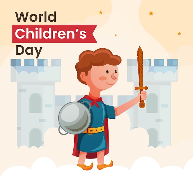 Вектор Дизайн фона всемирного дня защиты детей с изображением ребенка, играющего в роли рыцаря