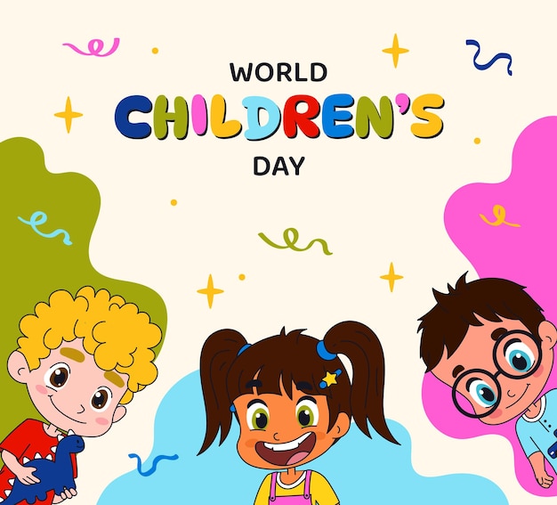 ワールド・チルドレン・デー ポスター 少年と女の子の色とりどりの近く ミニマリストのクリエイティビティと