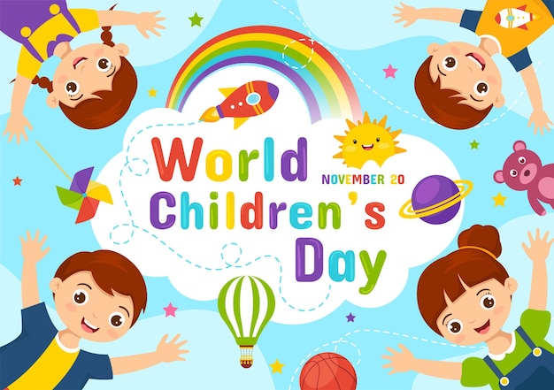 World Childrens Day Vector Illustration on 20 November with Kids and Rainbow in Children Celebration