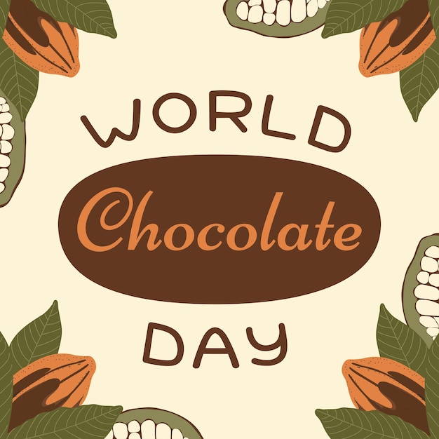 World chocolate day banner with lettering on cocoa tree whole and sliced fruits leaves background