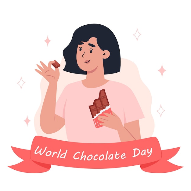 Vector world chocolate day, a young woman eating a bar of chocolate