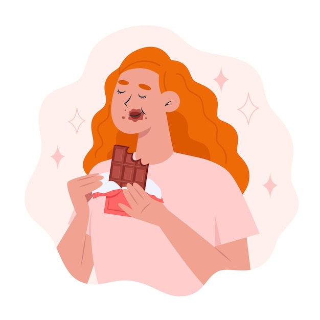 Vector world chocolate day, a young woman eating a bar of chocolate