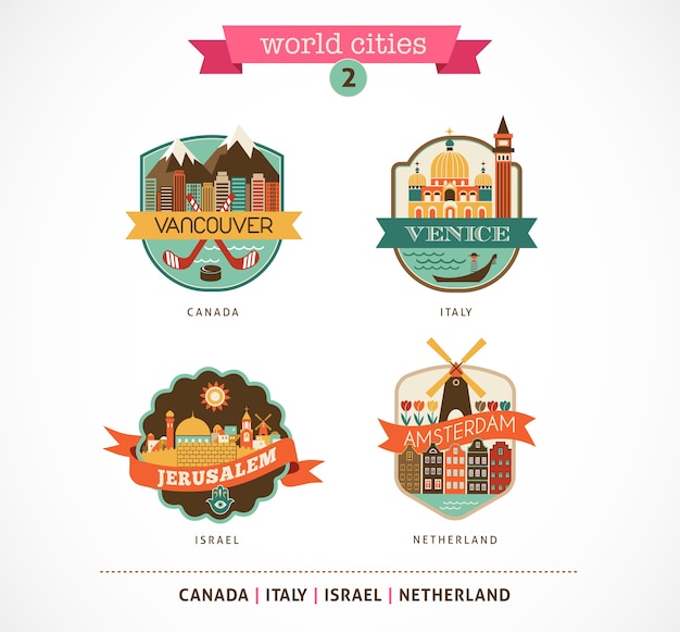 World cities badges - amsterdam, venice, jerusalem, vancouver