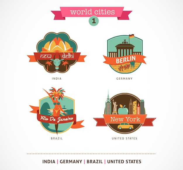 Vector world cities badges - delhi, berlin, rio, new york