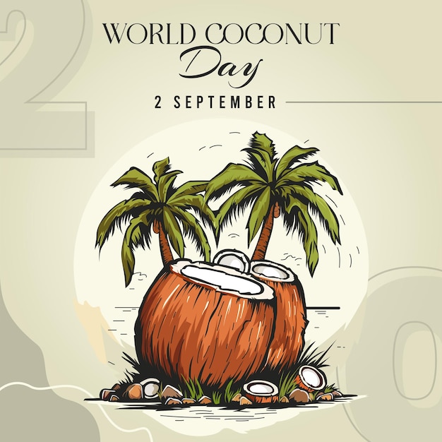 Vettore giornata mondiale della noce di cocco social media design coconut tree con foglie e frutti vector stock illustration