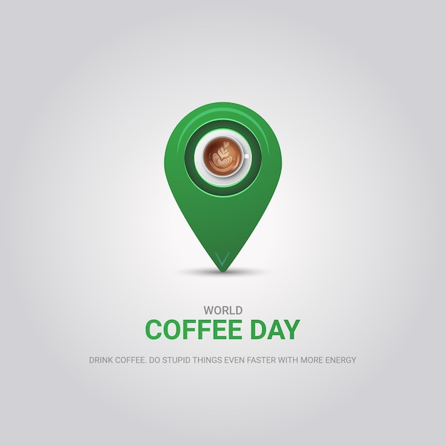 Значок местоположения всемирного дня кофе и кофейная чашка на белом фоне