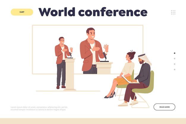 Vector world conference landing page web service for international relations and communication development