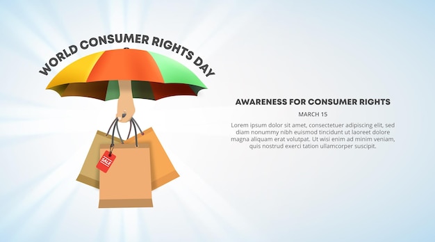 World consumer rights day background with hand holding shopping bag and umbrella