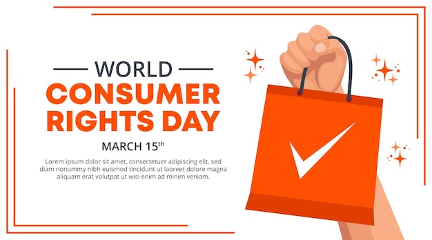 World consumer rights day design with a hand holding a shopping bag