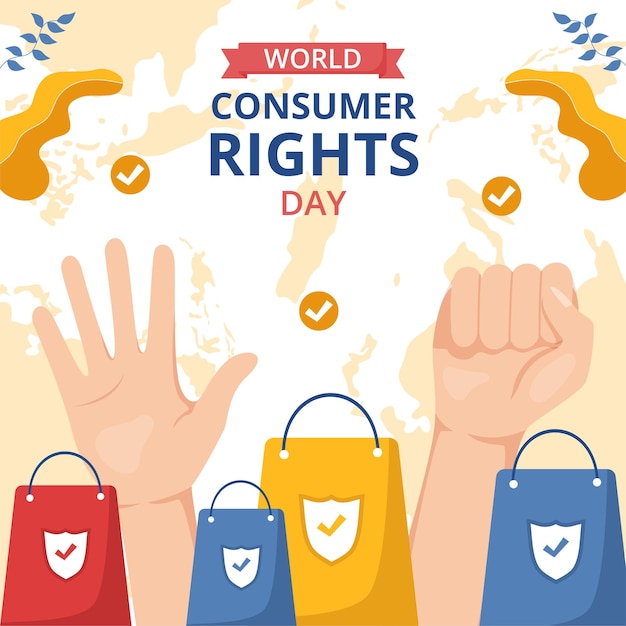 Vettore modelli disegnati a mano del fumetto piatto dell'illustrazione della giornata mondiale dei diritti dei consumatori