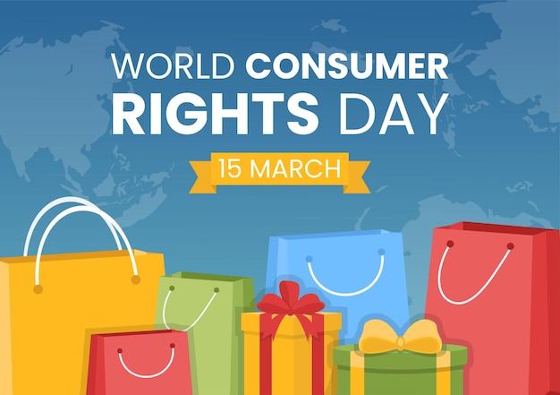 World consumer rights day illustration with shopping and needs of consumers for web banner template