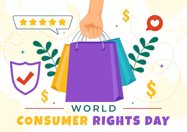 Vector world consumer rights day vector illustration on 15 march with shopping bags to be respected and protected in flat cartoon background