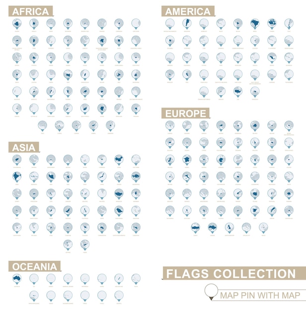국가 지도가 있는 세계 국가 상세 지도 컬렉션 파란색 지도 핀
