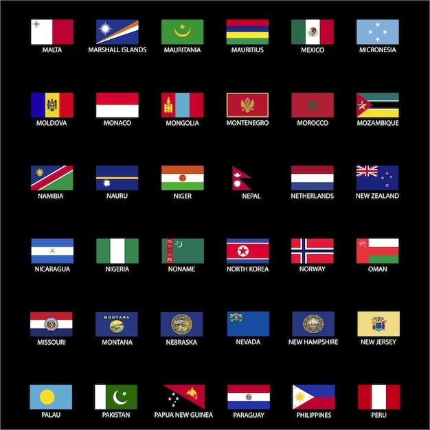 Вектор Коллекция флагов стран мира с именами