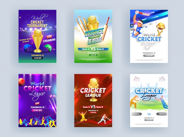 Modello di world cricket league o flyer set con personaggi di cricketer e golden trophy