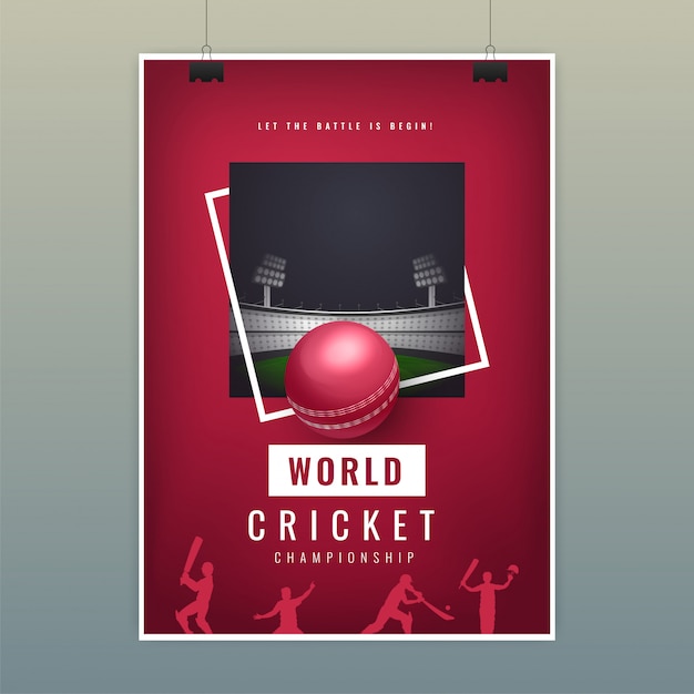 Шаблон плаката World Cricket с реалистичным мячом на ночной площадке