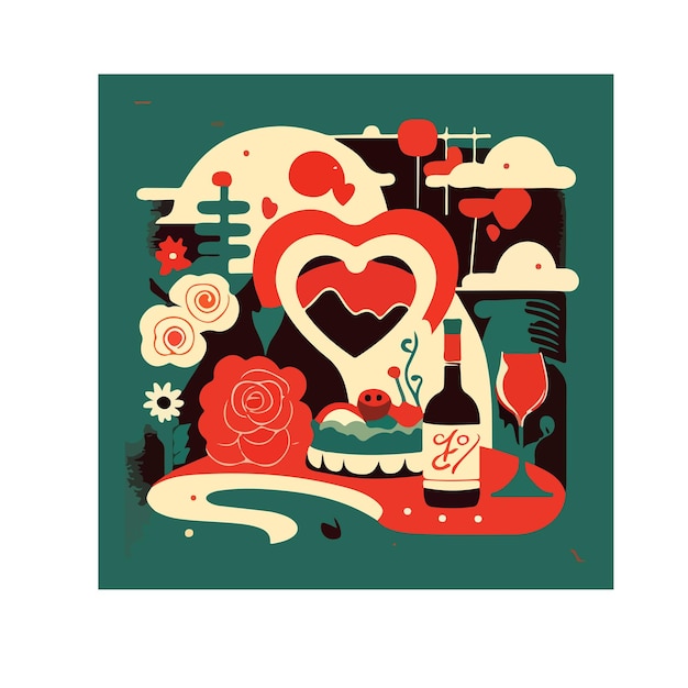 World cuisine, heart plates, wine and pasta, vector, illustrator, design