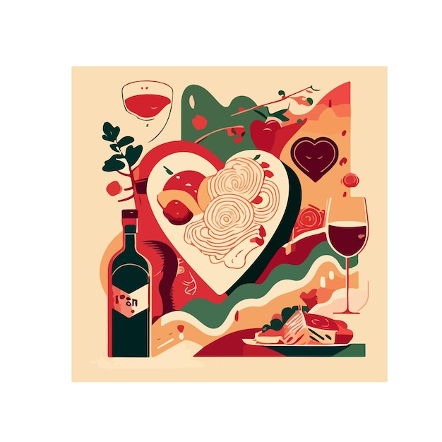 world cuisine, heart plates, wine and pasta, vector, illustrator, design