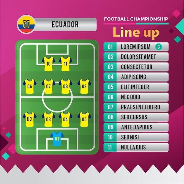 Vettore coppa del mondo 2022 campionato di calcio ecuador team line up poster design