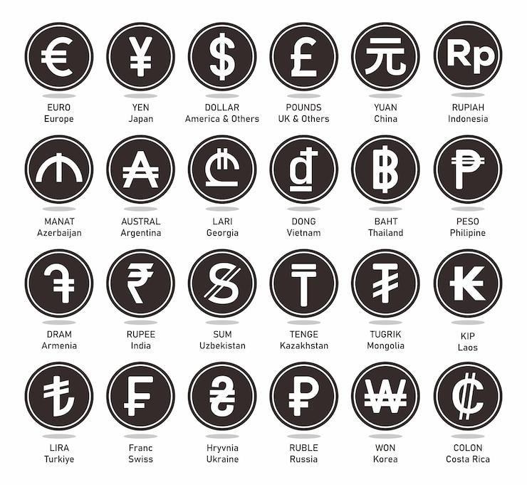 Vector world currency symbols used in different countries black flat currency icons on white background