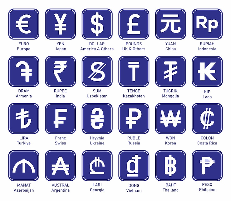 Vector world currency symbols used in different countries flat currency icon in blue square vector