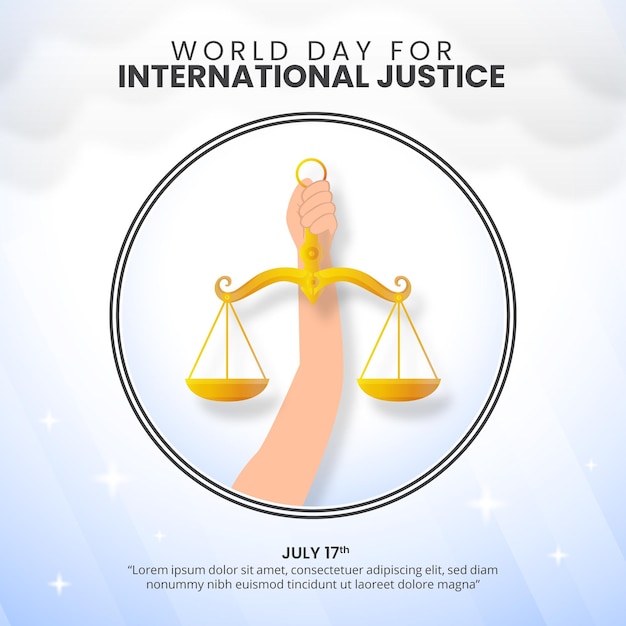 world day for international justice with a hand holding a balance