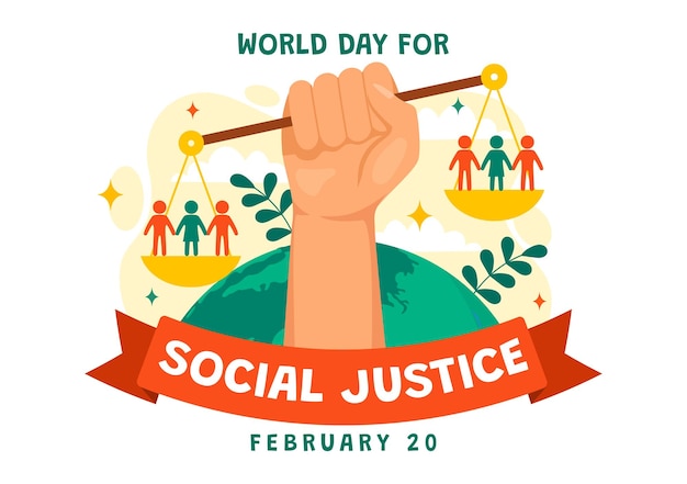 ベクトル 2月20日の世界社会正義デー ベクトルイラスト 背景には公正な関係と不正義からの保護のためのスケールやハンマー