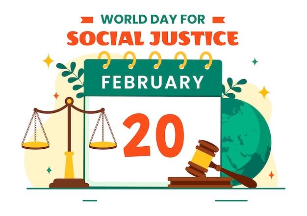 Illustrazione vettoriale della giornata mondiale della giustizia sociale il 20 febbraio con bilancia o martello per una relazione giusta e protezione dall'ingiustizia sullo sfondo