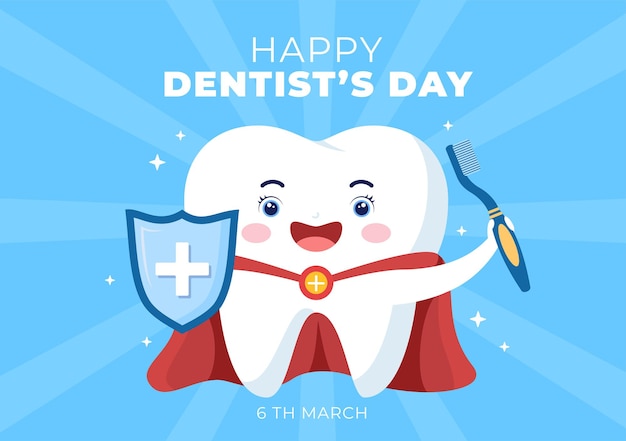 Всемирный день стоматолога с зубом и зубной щеткой для предотвращения кариеса и здравоохранения на плоском мультяшном фоне иллюстрация подходит для плаката или баннера