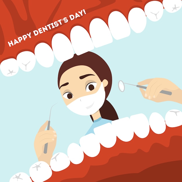 Всемирный день стоматолога. женщина-врач, глядя в рот с зубами.