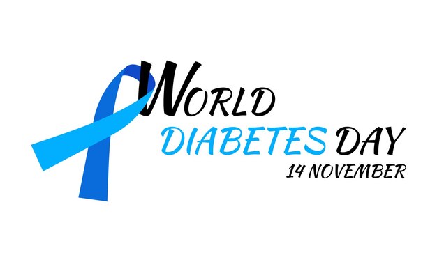 Vector world diabetes day banner poster with blue ribbon awareness and text diabetes awareness month