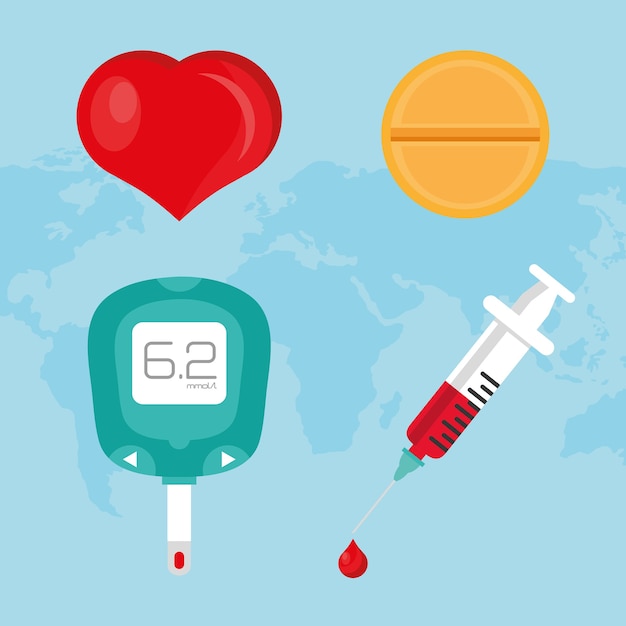 Всемирный день борьбы с диабетом кампания набор иконок на планете земля