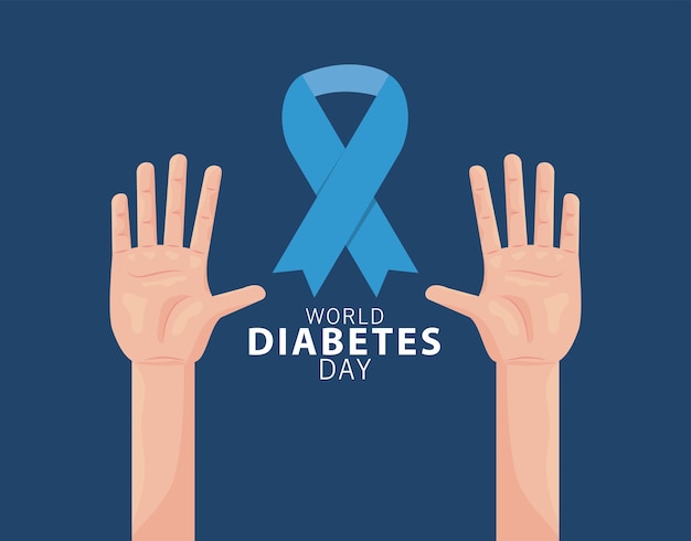 World diabetes day campaign with hands and blue ribbon illustration design