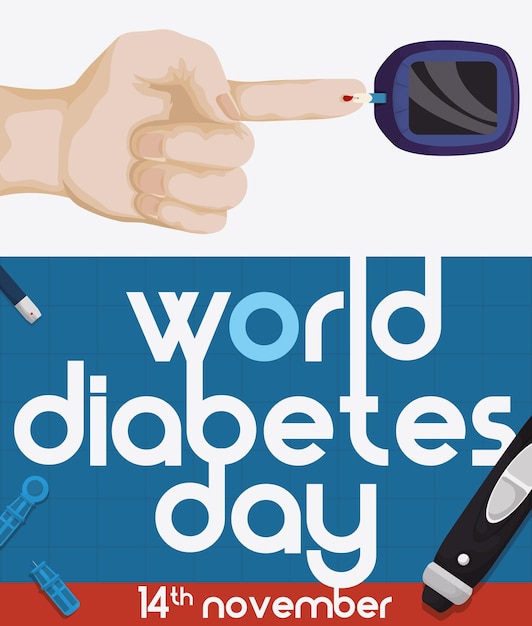 Design della giornata mondiale del diabete per commemorare questo giorno con un glucometro ed elementi relativi al suo utilizzo