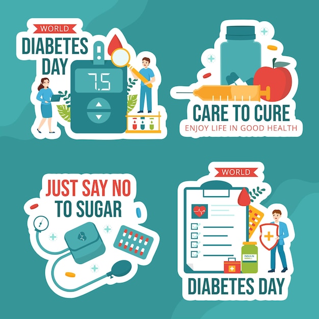 Vector world diabetes day label flat cartoon hand drawn templates background illustration