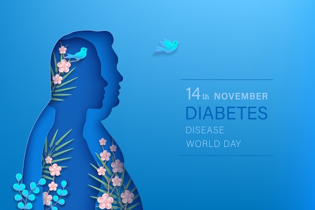 World diabetes day november horizontal banner. slim woman, fat man silhouettes paper cut style