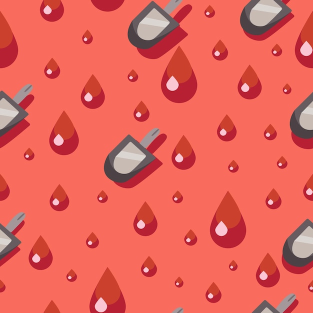 World diabetes day pattern. on a red background drops of blood and a glucometer. medical pattern.