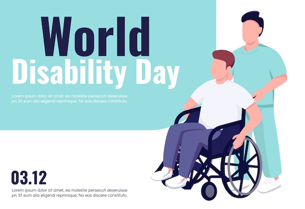 Modello piano dell'insegna di giornata mondiale della disabilità. opuscolo, poster concept design con personaggi dei cartoni animati. disabili riabilitazione e supporto volantino orizzontale, volantino con posto per il testo